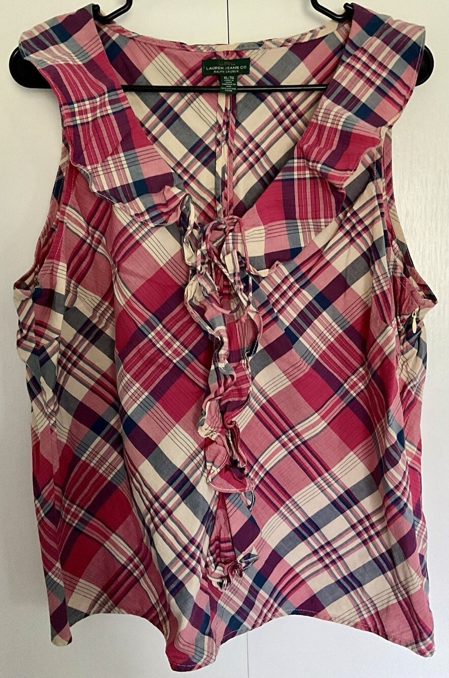 LRL Lauren Jeans Co Womens Pink Plaid Top Size XL Edwardian Ruffle With Tie